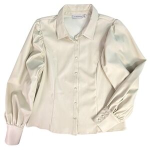 Faux Leather Long Sleeve Button Down Shirt Cream Puff Sleeve Size M‎